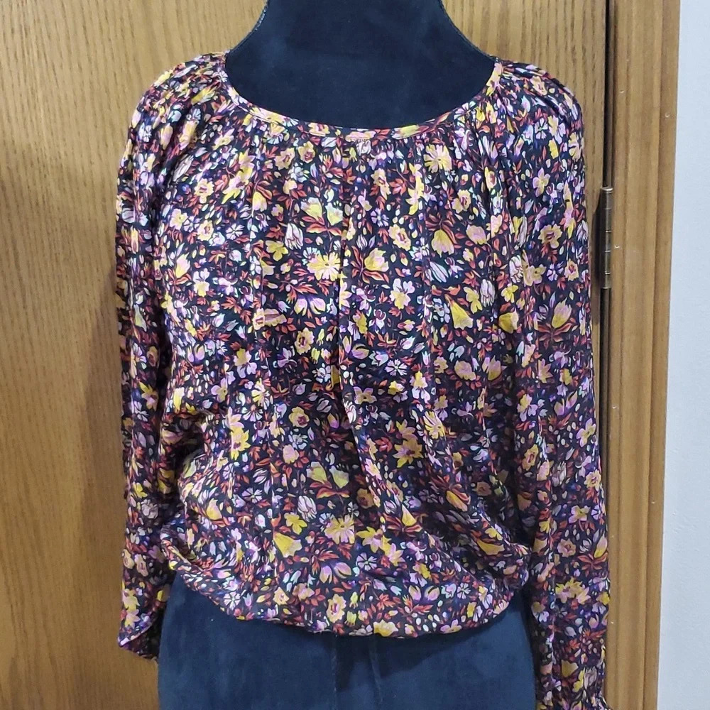 Anthropologie crepe floral crop cinch waist blouse drop shoulder